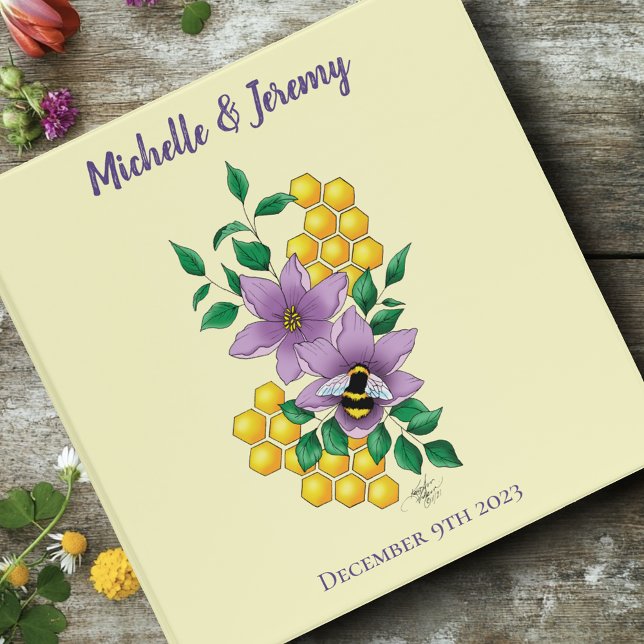 Elegant Purple Yellow Flowers Honeycomb Bee 3 Ring Binder (Creator Uploaded)