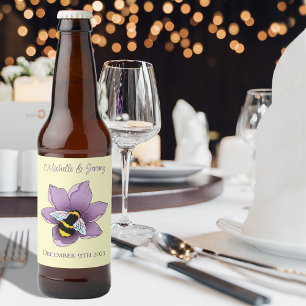 Elegant Purple Yellow Flowers Honeycomb Bee Beer Bottle Label