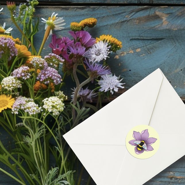Elegant Purple Yellow Flowers Honeycomb Bee Classic Round Sticker (Creator Uploaded)