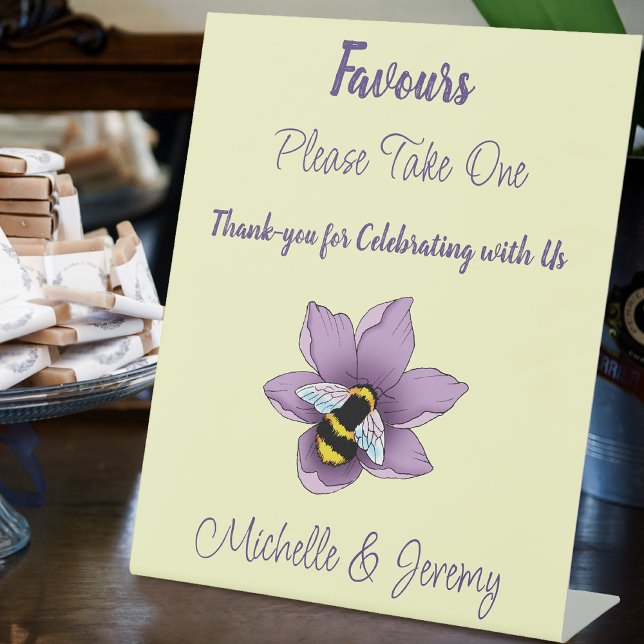 Elegant Purple Yellow Flowers Honeycomb Bee Favors Pedestal Sign (Creator Uploaded)