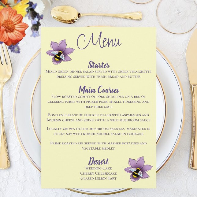 Elegant Purple Yellow Flowers Honeycomb Bee Menu (Creator Uploaded)