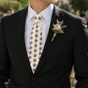 Elegant Purple Yellow Flowers Honeycomb Bee Neck Tie