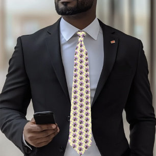 Elegant Purple Yellow Flowers Honeycomb Bee Neck Tie