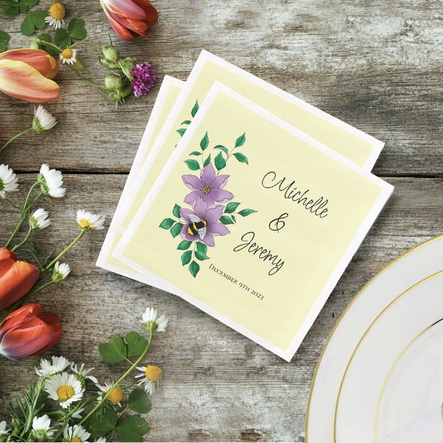 Elegant Purple Yellow Flowers Honeycomb Bee Paper Dinner Napkins (Creator Uploaded)