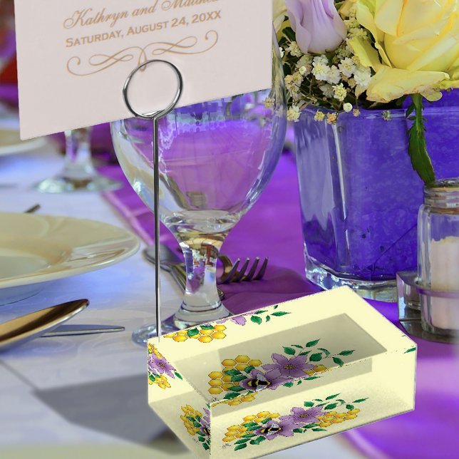 Elegant Purple Yellow Flowers Honeycomb Bee Place Card Holder (Creator Uploaded)
