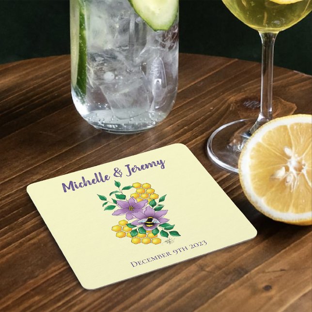 Elegant Purple Yellow Flowers Honeycomb Bee Square Paper Coaster (Creator Uploaded)