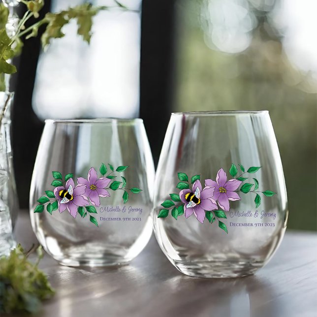 Elegant Purple Yellow Flowers Honeycomb Bee Stemless Wine Glass (Creator Uploaded)