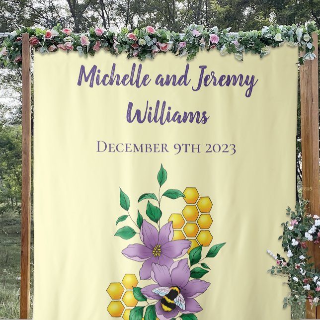 Elegant Purple Yellow Flowers Honeycomb Bee Tapestry (Creator Uploaded)