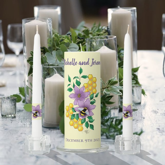 Elegant Purple Yellow Flowers Honeycomb Bee Unity Candle Set (Creator Uploaded)