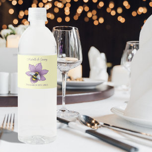 Elegant Purple Yellow Flowers Honeycomb Bee Water Bottle Label