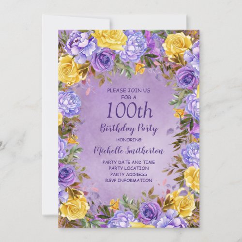 Elegant Purple Yellow Roses Peonies 100th Birthday Invitation