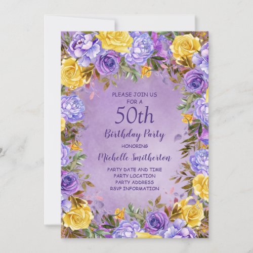 Elegant Purple Yellow Roses Peonies 50th Birthday Invitation