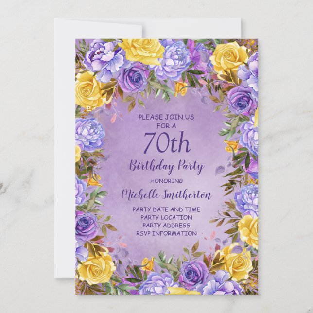 Elegant Purple Yellow Roses Peonies 70th Birthday Invitation (Front)