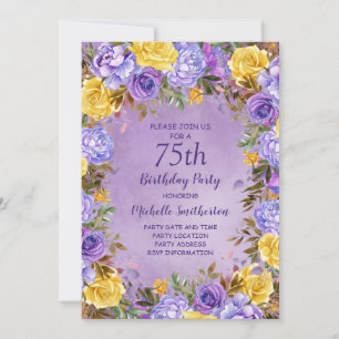 Elegant Purple Yellow Roses Peonies 75th Birthday Invitation