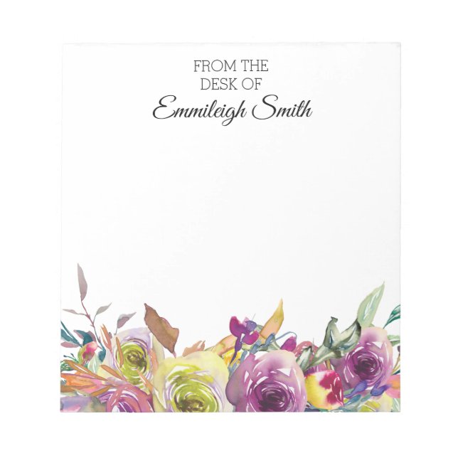 Elegant Purple Yellow Watercolor Floral Template Notepad (Front)