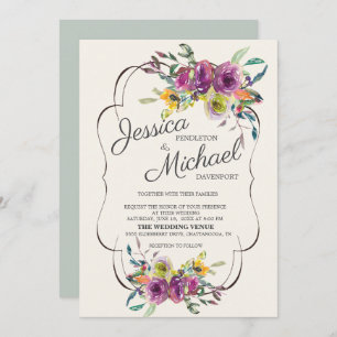 Elegant Purple Yellow Watercolor Floral Wedding Invitation