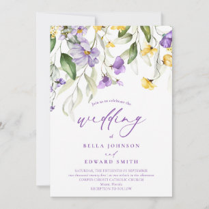 Elegant Purple Yellow Watercolor Floral Wedding Invitation