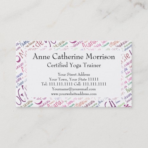 Elegant Purple Yoga Positions Word Cloud Pattern Business Card