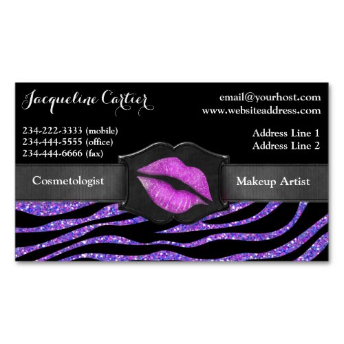 Elegant Purple Zebra Glitter Kiss Cosmetologist Business Card Magnet