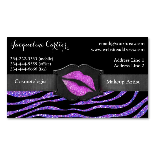 Elegant Purple Zebra Glitter Kiss Cosmetologist Business Card Magnet (Front)