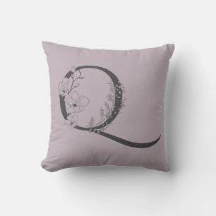Elegant Q Boho Floral Monogram Initial Lilac Gray Throw Pillow