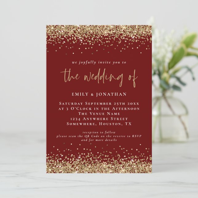 Elegant QR Burgundy Gold Glitter Wedding  Invitation (Standing Front)