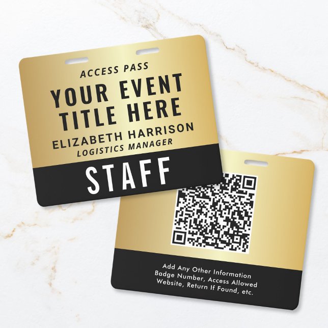 Elegant QR Code Black Gold Event Access Pass ID Badge (Elegant QR Code Black Gold Event Access Pass ID Badge)