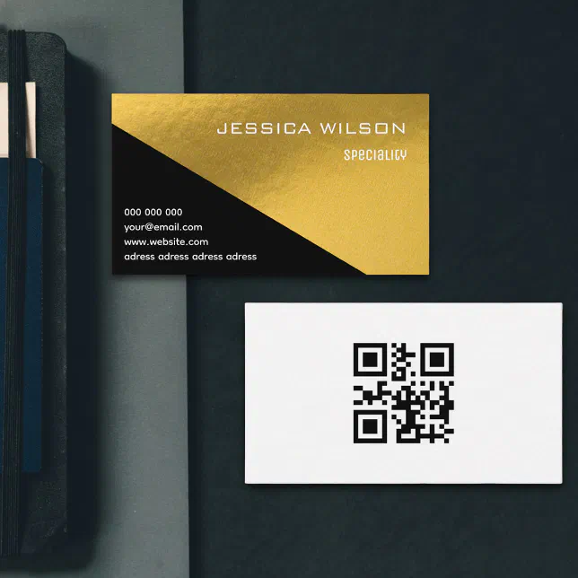 Elegant QR code black gold foil business card | Zazzle