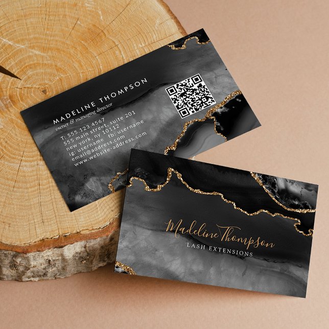 Elegant QR Code Black Gold Marble Agate Geode Business Card (Creator Uploaded)