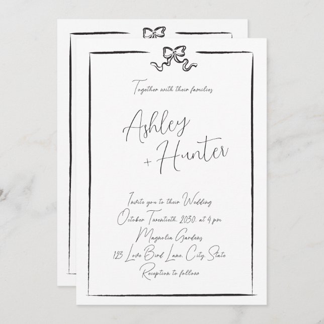 Elegant QR Code Black Hand Drawn Bow  Invitation (Front/Back)