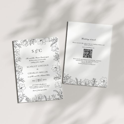 Elegant QR Code Black  White Monogram Wedding Invitation