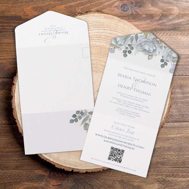 Elegant QR Code Blue Floral RSVP Online Simple All In One Invitation (Elegant light blue floral rose with simple white background and QR code. )