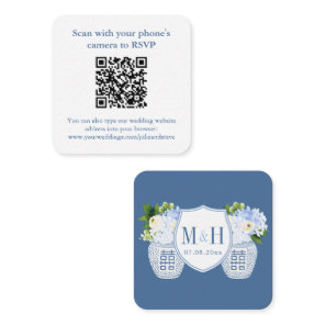 Elegant QR Code Blue White Wedding RSVP Enclosure Card