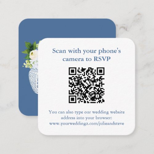 Elegant QR Code Blue White Wedding RSVP Enclosure Card