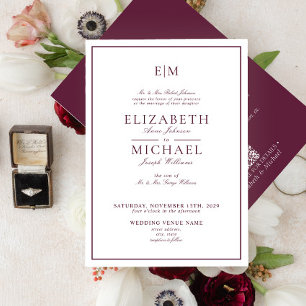 Elegant QR Code Burgundy Classic Monogram Wedding Invitation