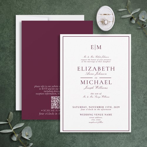 Elegant QR Code Burgundy Classic Monogram Wedding Invitation
