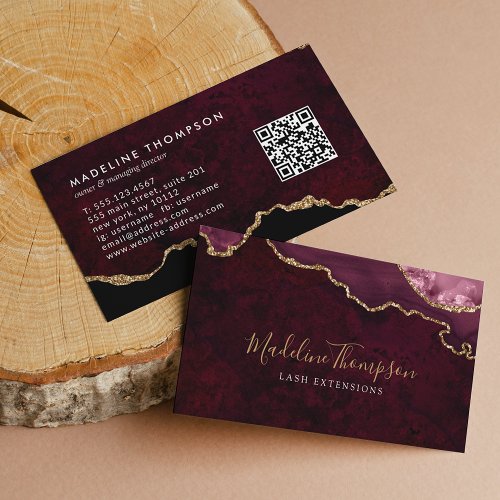 Elegant QR Code Burgundy Marble Agate Geode Business Card