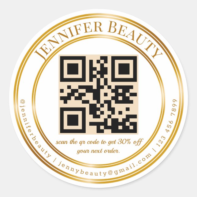 elegant qr code business gold script stylish classic round sticker (Front)