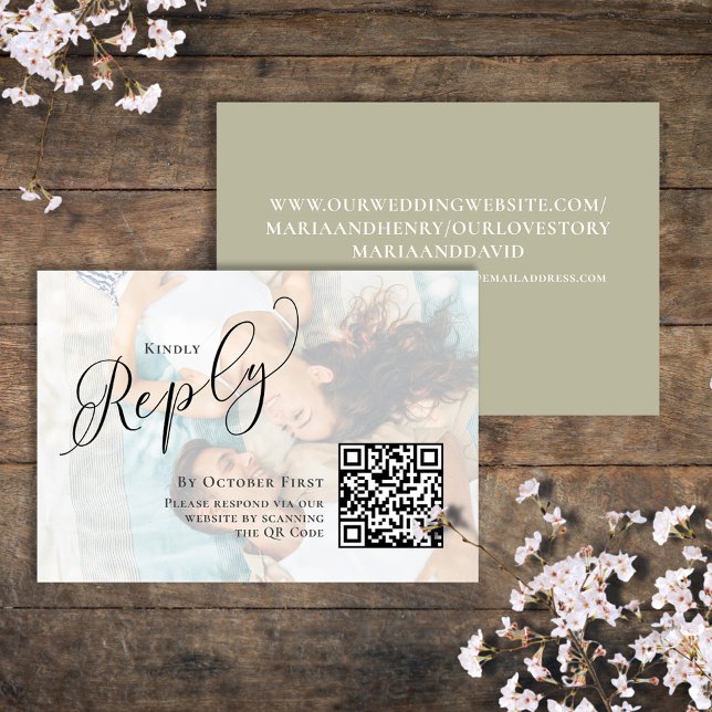 Elegant QR Code Calligraphy RSVP Photo  Enclosure Card (Wedding reply card with a sage green background and photo overlay template.)