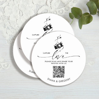 Elegant QR Code Capture the Love Photo Sharing Round Paper Coaster