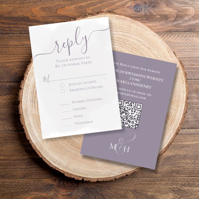 Elegant QR Code Classic Meal RSVP Lavender (Classic RSVP meal choice Reply card with a scannable QR Code,)