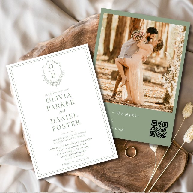 Elegant QR Code Crest Sage Green Photo Wedding Invitation (Creator Uploaded)