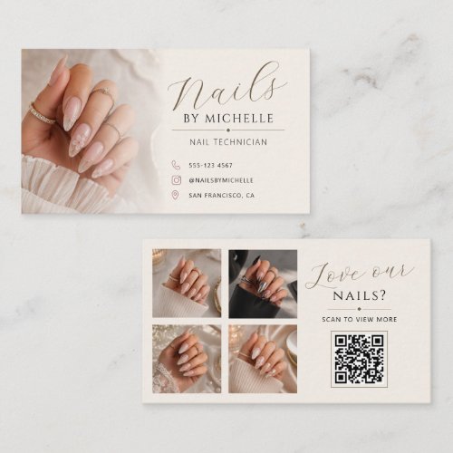 Elegant QR Code Custom Photo Nail Technician Business Card