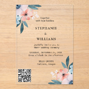 Elegant Qr Code Dusty Blue Floral Wedding Acrylic Invitations