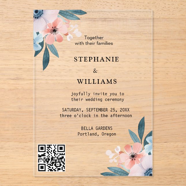Elegant Qr Code |  Dusty Blue Floral Wedding Acrylic Invitations (Front)