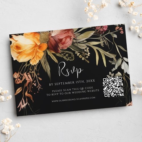 Elegant QR Code Floral Black Wedding RSVP Card