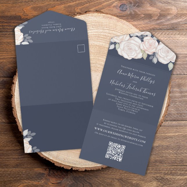 Elegant QR Code Floral RSVP Online Blush Roses  All In One Invitation (Elegant wedding invitation with blush floral roses, All in One Style. )
