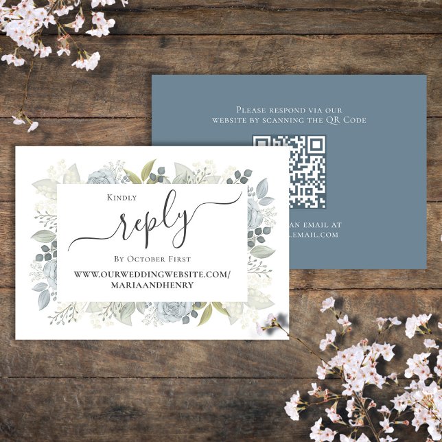 Elegant QR Code Floral RSVP Online Dusty Blue Card (Elegant QR Code RSVP Online enclosure card with beautiful blue watercolor floral design. )