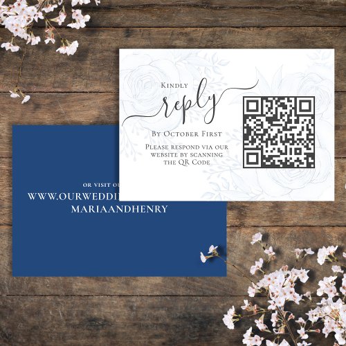 Elegant QR Code Floral RSVP Online Simple Blue Enclosure Card