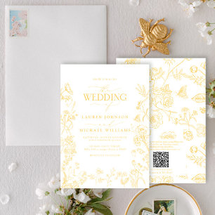 Elegant QR Code Gold Chinoiserie Floral Wedding Invitation